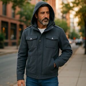 CJ Black Label Grayish/Black 4 pocket hooded wool Blend‎ mens Pea Coat Size XL